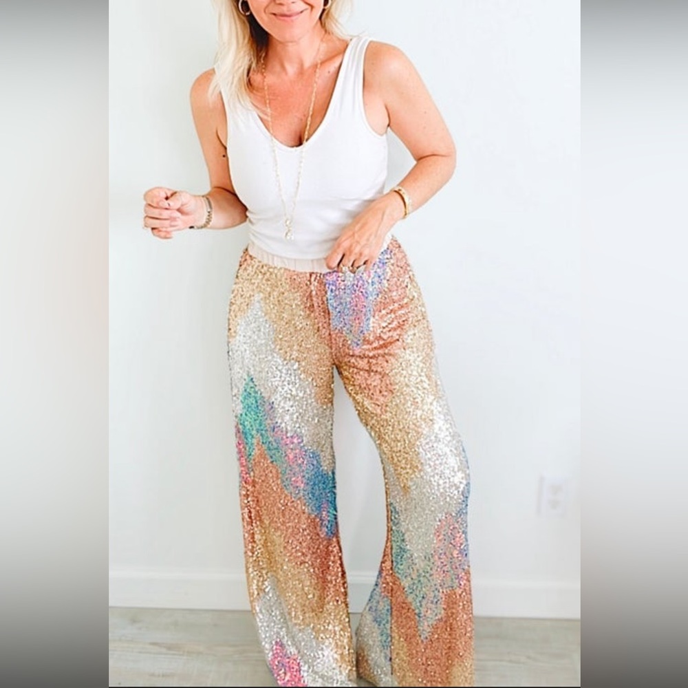 Sequin elastic waistband wide leg long pants